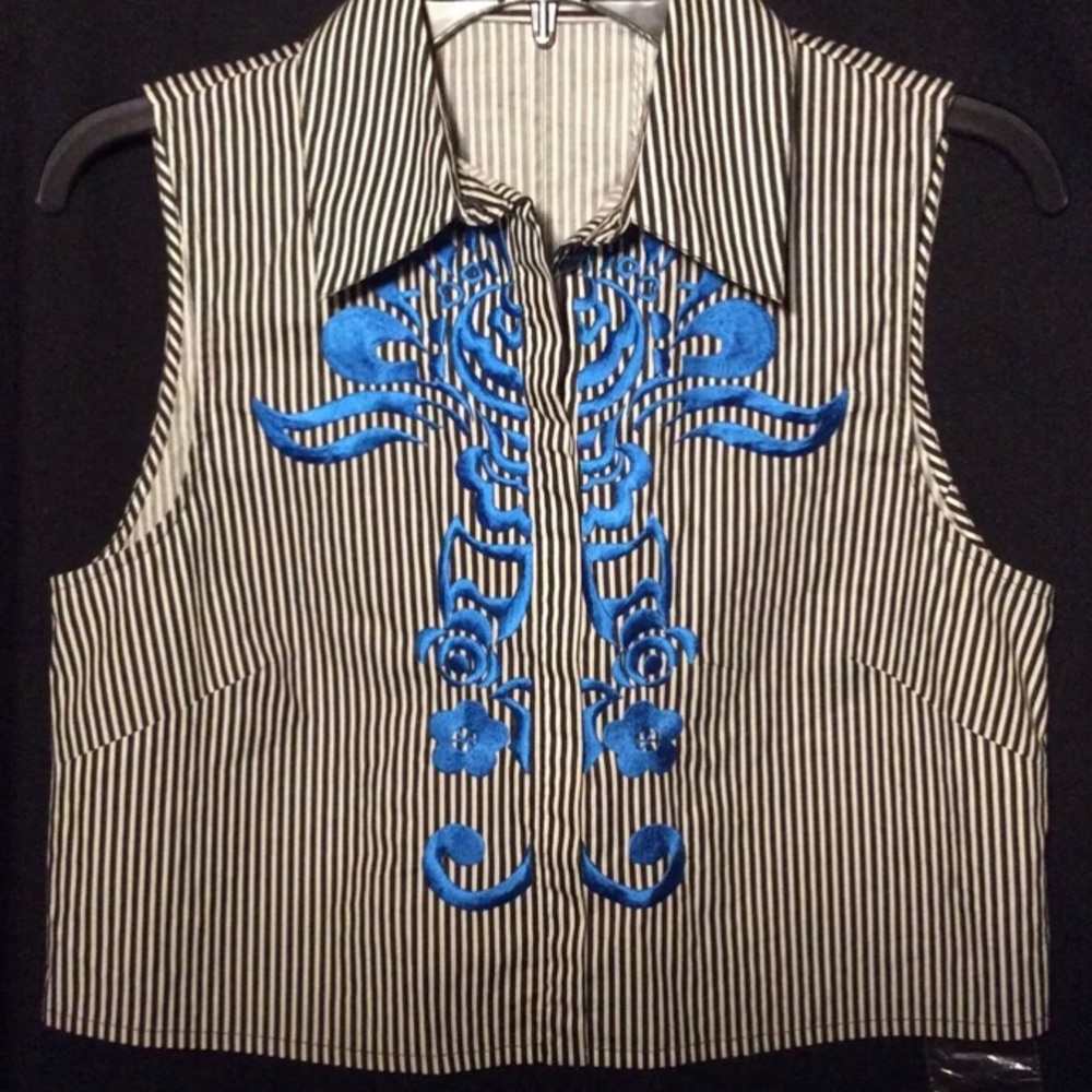 Tanya Taylor Sleeveless Blouse Black White Stripe Embroidered Size 10